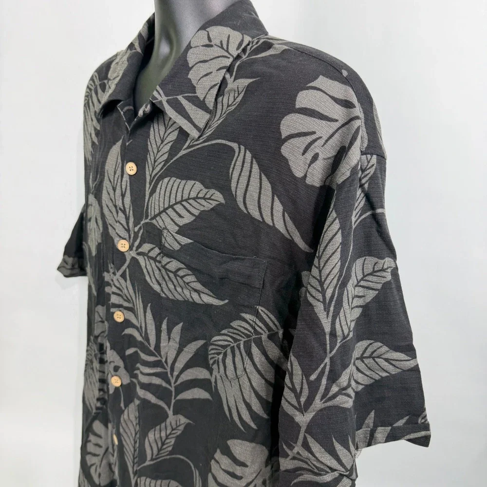 Jamaica Jaxx Mens XXL‎ Silk Tropical Leaf Button Down Shirt Black Grey